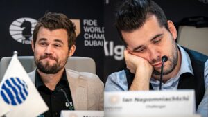 Press conference with Carlsen and Nepo after game 5 of the World Chess Championship 2021